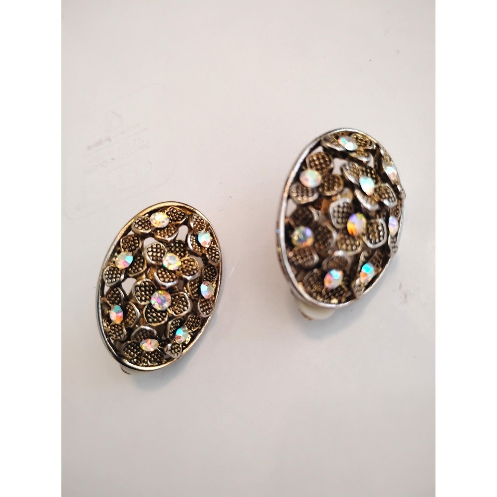 🩵60s Aurora Borealis  Floral Clip On Earrings Retro Vintage FairyCore Coquette